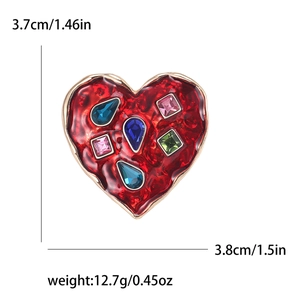Vintage heart brooch in red enamel with colorful gemstones and size specifications
