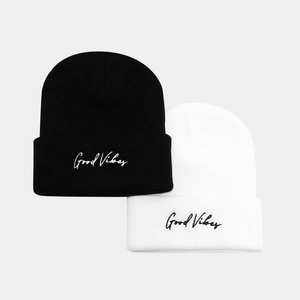 Acrylic Beanie Hat Good Vibes Letter Embroidery Ribbed Cuffed Warm Winter Skull Cap Hip Hop Retro Style For Men Women