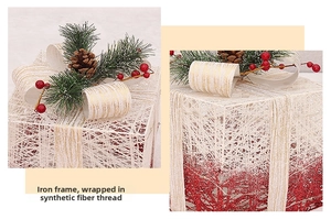 Detail of red and white silk thread wrapped iron frame with pine cones and berries