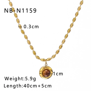 Detailed size specifications of gold beaded necklace with brown tiger eye stone pendant