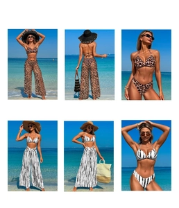 Detail view of a 3-piece swimwear set with leopard print and tie-dye high-waist trousers