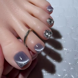 Toe Press On Nails Cat Eye Fine Shimmer Glitter Detachable French Style Gray Purple ABS Plastic Glossy Artificial Tips For Women