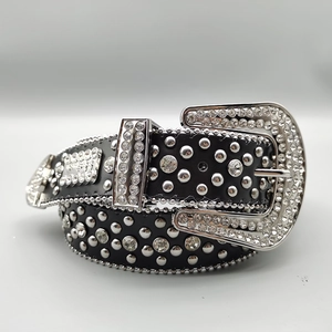 Western punk black leather belt with studded rivets and shimmering rhinestones