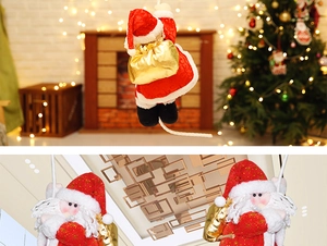 Détails du Père Noël grimpant en peluche avec costume rouge et sac doré
