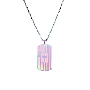 Rainbow stainless steel military dog tag necklace with American flag and cross pattern