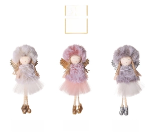 Detailed view of plush Christmas angel dolls in milky white, pink, and grey with wings