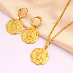 18K gold plated stainless steel necklace and earrings set with Tree of Life hexagon pendants