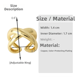 Size chart for cross open ring showing 1.4cm width and 1.7cm inner diameter measurements