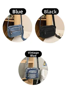 Detailed view of vintage washed denim crossbody bags in blue, black and retro blue colors