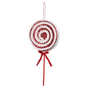 Red and white glitter candy cane lollipop Christmas tree hanging ornament with bow