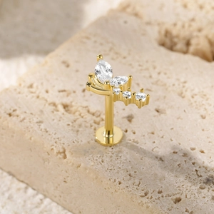 Macro shot of gold S925 sterling silver butterfly stud with white zircon crystals