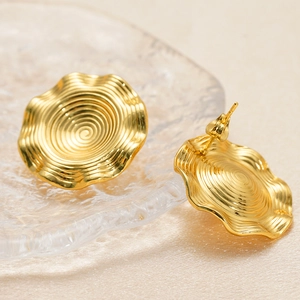 Runde Scheibenohrstecker 18K Vergoldet Edelstahl Spiralwellenstruktur Schicker Moderner Geometrischer Schmuck Damen