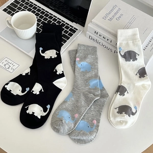 Cute Elephant Pattern Mid Calf Socks Women Cotton Breathable Heart Print Japanese Style Casual Crew Socks