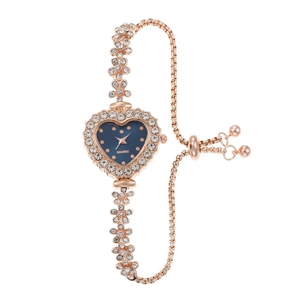 Montre femme quartz or rose avec cadran cœur bleu et bracelet fleuri en strass