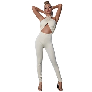 Slim fit halter cutout backless jumpsuit in apricot stretch fabric for women