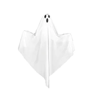 Detail showing the white fabric material and spooky facial expression of a Halloween ghost hanging decoration
