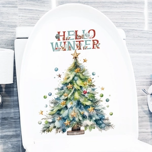 Christmas tree toilet seat decal with Hello Winter lettering on white background