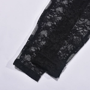Detailed close-up of intricate black floral lace and sheer mesh fabric textures