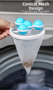 Close-up of conical mesh laundry filter bag with floating blue balls in washing machine