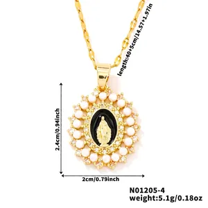 Tableau détaillé des tailles du collier pendentif Vierge Marie avec zircons et perles