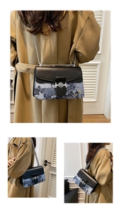 Detailed multi-angle view of a stylish black and blue floral chain shoulder bag for women