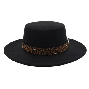 Detail of wool felt hat with leopard print band and pearl accents for a vintage look