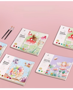 Detail of portable watercolor painting books for kids featuring animal and forest themes