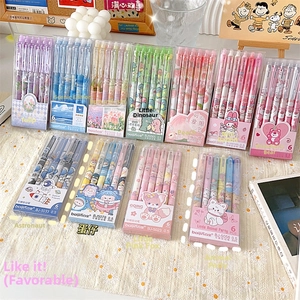 Detailed macro view of 0.5mm erasable gel pens with soft grip and cute cartoon patterns