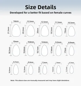 Detailed size chart for almond press-on nails with width and height measurements