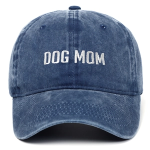 Vintage navy blue washed denim baseball cap featuring white DOG MOM embroidery on front