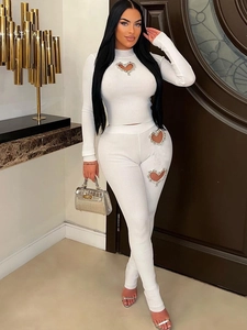 Top E Pantaloni In Maglia A Costine A Maniche Lunga Da Donna Ritaglio A Cuore Con Strass Vestibilità Aderente