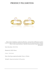 Detailed specs of 18K gold S925 silver safety pin earrings with pearl and cubic zirconia