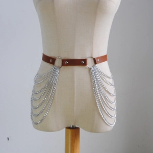 Sexy punk style brown PU leather body chain with multi-layer silver metal tassels and chains