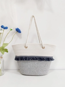 Bohemian large cotton woven tote bag with blue tassels and rope handles for travel