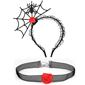 Detail shot of Halloween spider web headband and red rose lace choker set in black and red