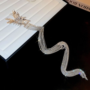Détail d'une pince à cheveux papillon argentée avec de longues franges en strass