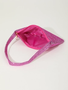 Close-up of rose red rhinestone evening bag with high-quality zipper and fabric lining