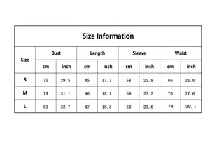 Detailed size chart for long sleeve square neck crop top showing bust and waist measurements