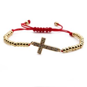 Adjustable gold plated cross beaded bracelet with colorful zircon and red cord