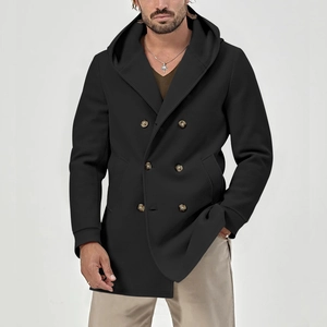 Detail of men's black double-breasted coat with hood and textured tortoise shell buttons