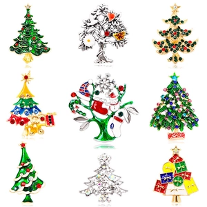 Set of nine sparkling Christmas tree brooches with rhinestones and colorful enamel