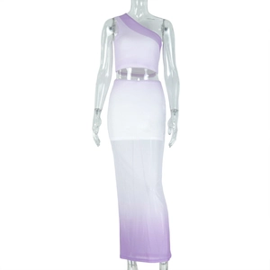 Detail of purple ombre two-piece set with one-shoulder top and maxi skirt on a mannequin