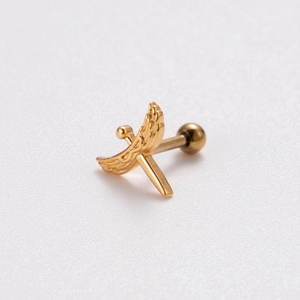 Close-up of golden stainless steel sword-shaped ear stud with wings on white background