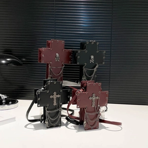 Gothic cross-shaped shoulder bags with rivets and chains in black and red PU leather
