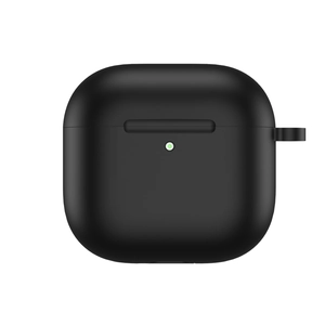Black silicone protective case for AirPods 4 with matte finish and lanyard hole design