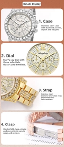Detailed close-up of luxury rhinestone watch dial and steel strap in three finishes