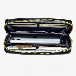 Women's black long PU leather wallet with large capacity and gold zipper for phone