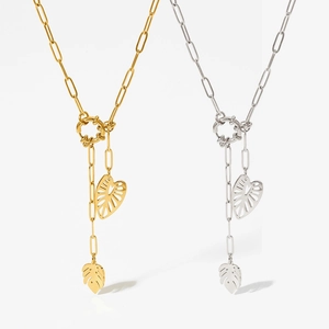 Collier lariat rétro avec feuille ajourée en finition or et argent et chaîne trombone