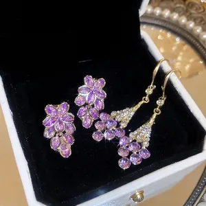 Floral Dangle Earrings Alloy Purple Crystal With 925 Sterling Silver Earring Post French Court Style Elegant Jewelry For Women