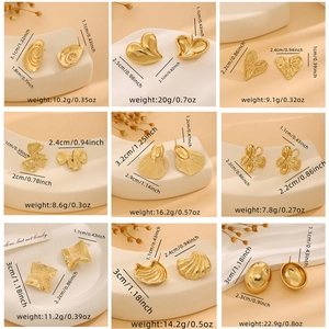 Assorted gold metallic earrings with heart and butterfly shapes and detailed dimensions